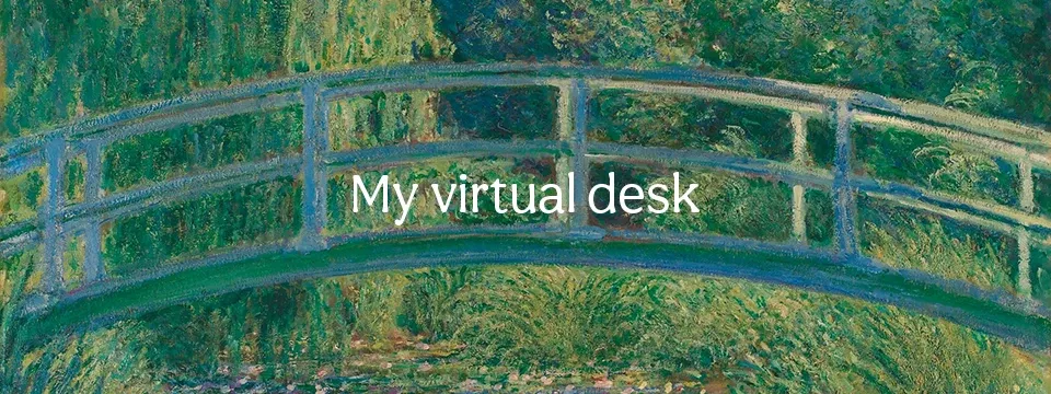 Web banner featuring the bridge from Monet's Water Lilies with the text 'My virtual desk' written on it