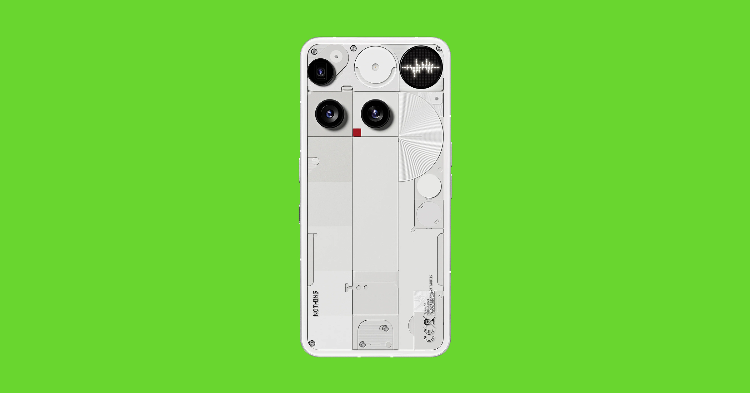 The back of the Nothing Phone 3 showing three camera lenses of varying sizes, a circular LED dot-matrix display, a semicircular flash, a red recording indicator, and various other elements scattered asymmetrically across a transparent back panel
