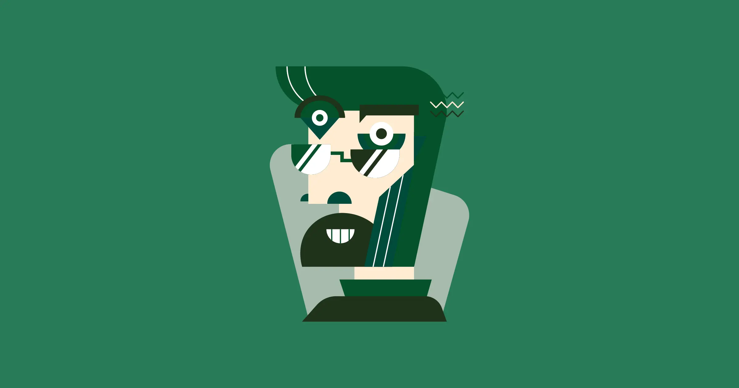Abstract geometric illustration of a man with a beard and glasses on a green background. The artwork uses bold shapes and a limited color palette of green, black, beige, and white. The man’s face is stylized with asymmetrical eyes, angular hair, and zigzag lines near the temple suggesting thought or energy.